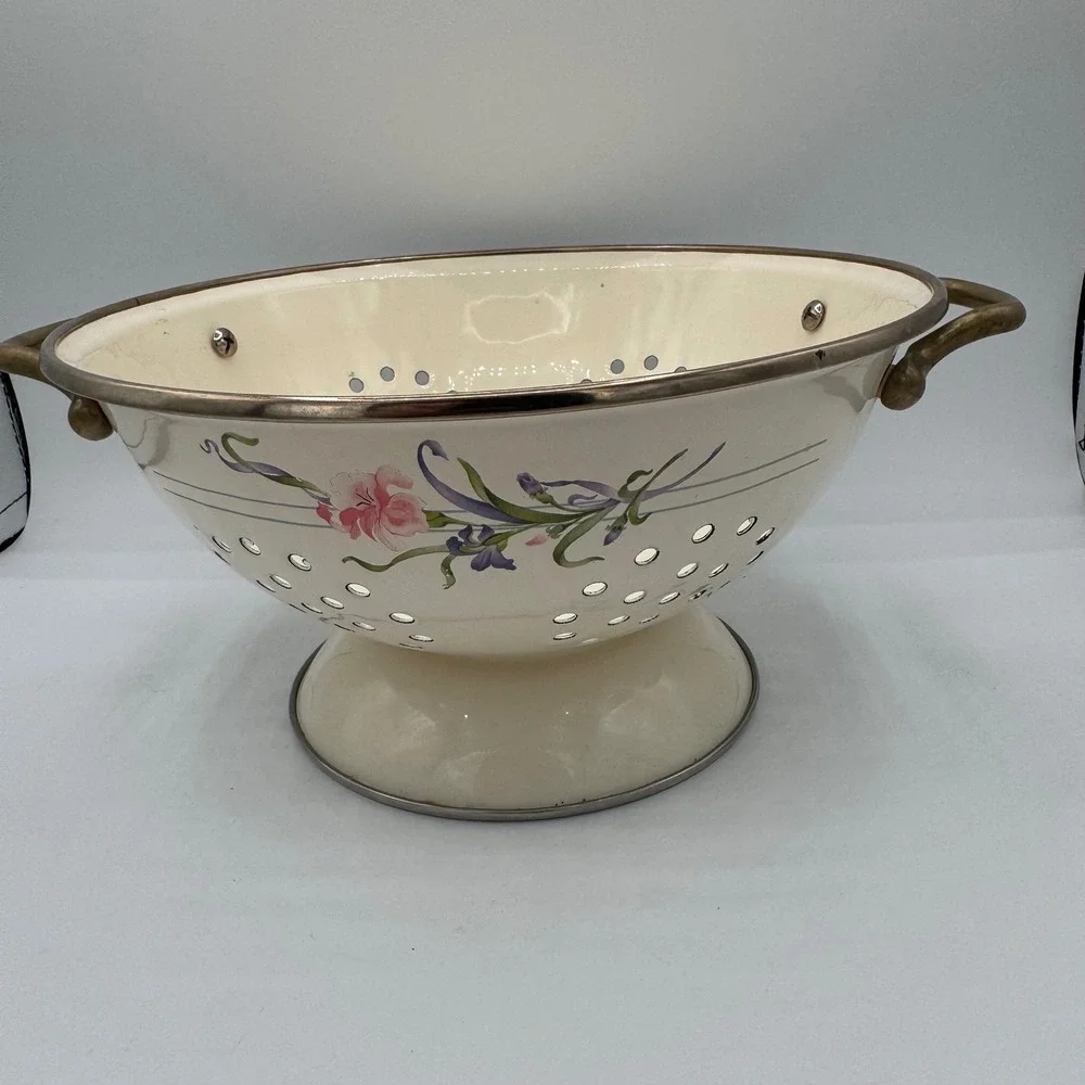 Vintage Enamel Floral Colander Cream Pedestal Strainer Brass Handles Floral Bowl
